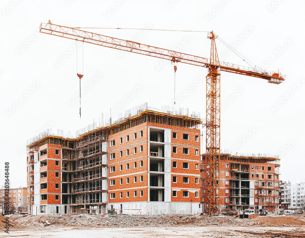 Poster construction site featuring tower crane and residential building under development with scaffolding 
