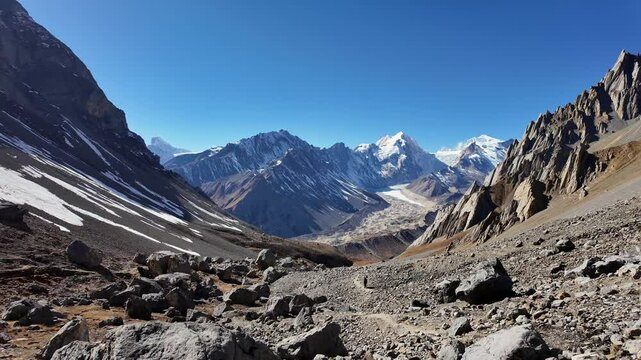 Manaslu Circuit, Nepal: Panorama of the Rui La pass, the Chinese Tibet border pass at almost 5000m  near Samdo village on a sunny winter day in the Himalaya in Nepal. 