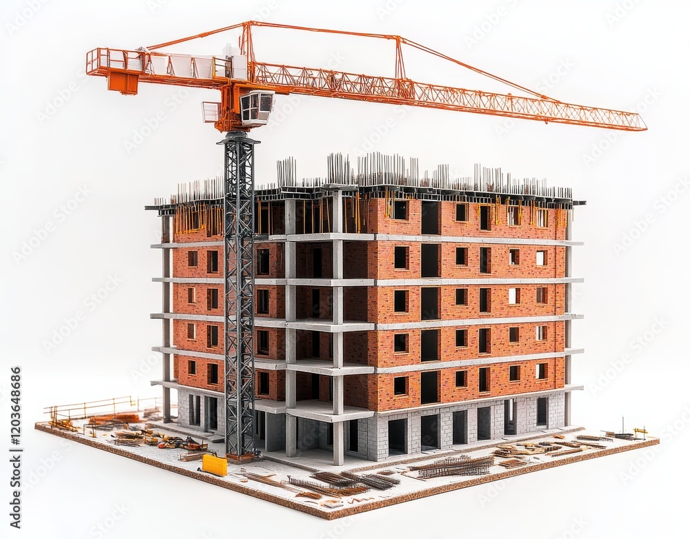 Poster construction site model featuring a tower crane and multi-story brick building with structural frame
