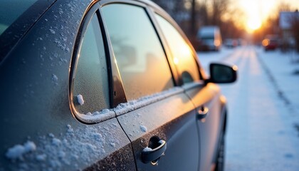 Obraz premium Frosted sedan with icy windows in a snowy driveway during early morning light