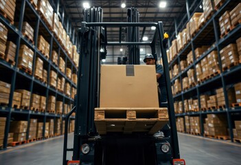 Fototapeta premium Workers handle logistics in a warehouse, using a forklift truck to transport pallets and organize products efficiently.