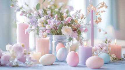 Easter celebration with pastel candles and decorated eggs home setting decorative arrangement bright environment close-up view festive concept