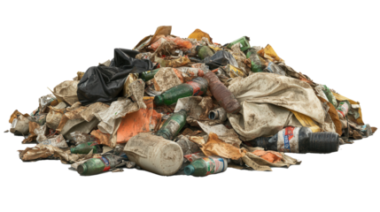 Transparent Garbage Bags Filled with Waste, Isolated on White Background for Environmental Projects