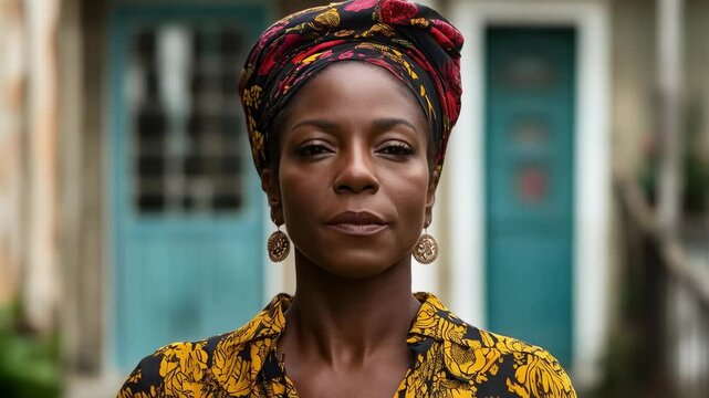 Confident Black Woman in Colorful Headwrap and Floral Dress Posing Outdoors with Vibrant Home Background Reflecting Cultural Identity and Empowerment
