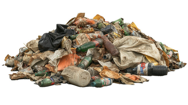 Transparent Garbage Bags Filled with Waste, Isolated on White Background for Environmental Projects