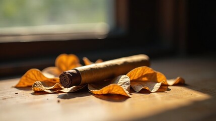 Illuminated Tobacco Product Resting on Dried Foliage