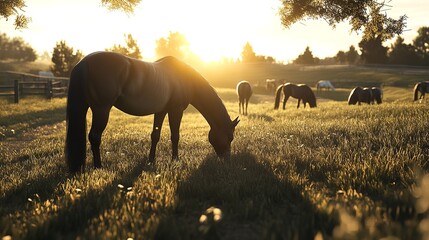 a horse eating grass in sunlight in the fields