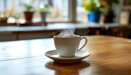 Fototapeta premium Steaming cup of coffee on wooden table, cozy indoor setting with blurred background.