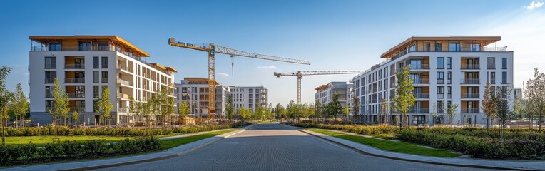 Modern residential buildings surrounded by lush greenery and construction cranes capture the essence of urban development and modern architecture in a bright afternoon light.