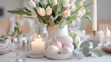 Elegant easter table setting with tulips eggs and candles modern dining room decor inspiration bright and airy atmosphere close-up view