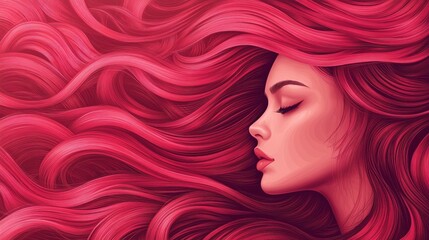 A beautiful woman with flowing wild cherry hair embodies elegance and vibrancy, making this fashion portrait perfect for haircare, hair dye, and trichology-themed designs.