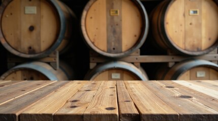 Rustic wooden table in front of stacked aged oak barrels in a dimly lit storage facility