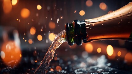 A Champagne Bottle Pouring Bubbles with Bokeh Lights in the Background for Celebration
