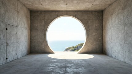 Serene Coastal View Through a Circular Window in a Modern Concrete Room