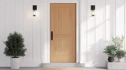 Exterior view of a contemporary farmhouse showcasing an oak front door framed by glass side panels. Lush landscaping enhances the inviting atmosphere of the entrance