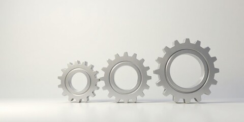 Three Metallic Cogwheels Interlocking in a Sequential Arrangement on a Plain Background