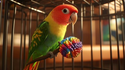 Obraz premium Parrot playing with a colorful toy in its cage