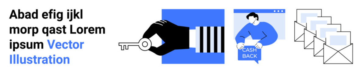 Hand holding key, person receiving cashback, and email icons convey data security, online transactions, and digital communication. Ideal for security apps, finance sites, marketing emails, tech