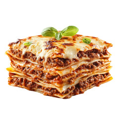 Delicious baked lasagna with melted cheese and basil.