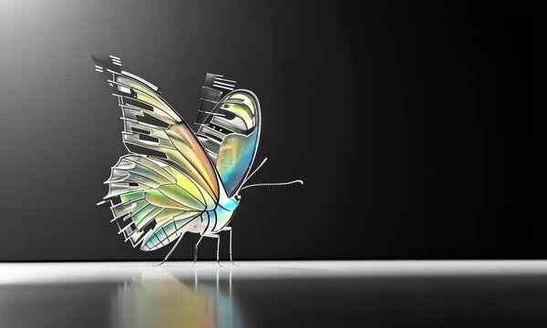 Digital butterfly with fragmented, pixelated wings on a dark black background. Ai art concept. Copy space for text motion background. Logo intro