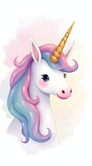 Watercolor illustration of a magical unicorn in soft pastel shades, with a golden horn and flowing mane.