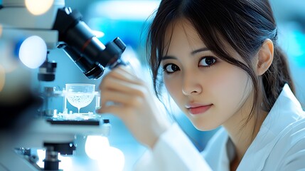 Scientific research in laboratory female scientist microscopy indoor close-up