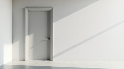 Minimalist Interior Design A Single Closed Door in a Sunlit Room with Concrete Floor