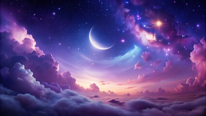 Fototapeta premium Dreamy Purple Night Sky: Crescent Moon, Stars, and Wispy Clouds - Celestial Phone Wallpaper