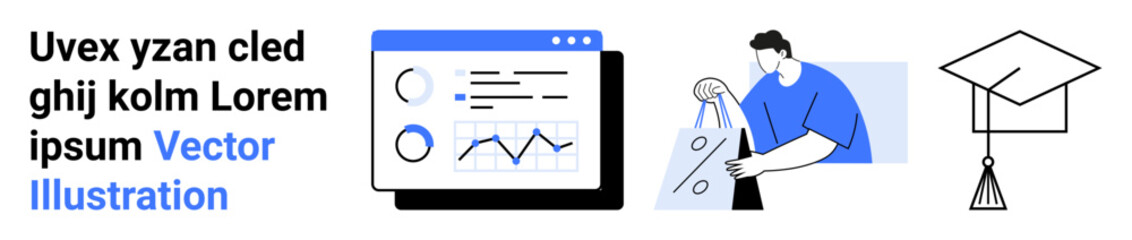 Computer screen with data charts, person holding shopping bags, and graduation cap. Ideal for business analytics, e-commerce, education, success, technology, digital marketing and achievement