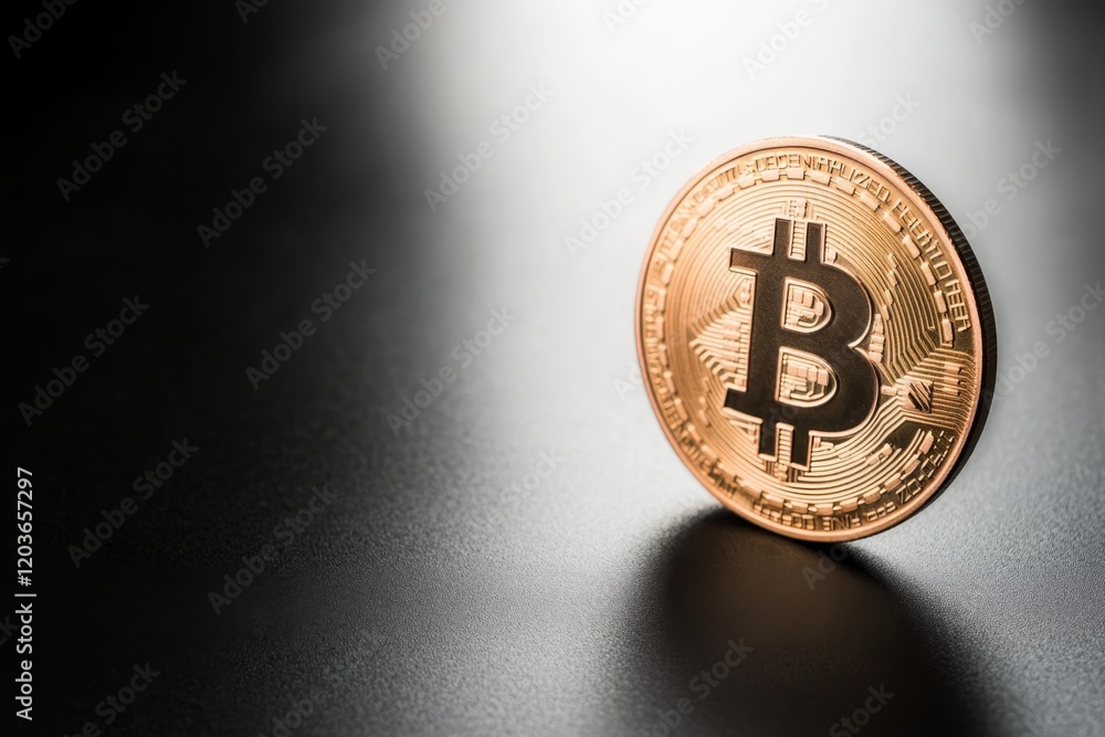 Poster bitcoin coin rests on a dark surface with subtle light highlights, showcasing its intricate design a