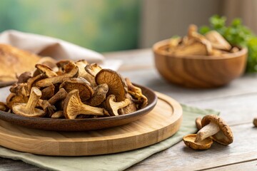 Obraz premium Dried Mushrooms on Rustic Wooden Plate - Organic Food Stock Photo