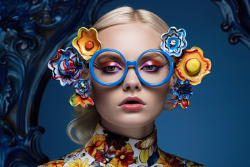 Blonde Woman with Extravagant Glasses. Generative AI, non-existent person