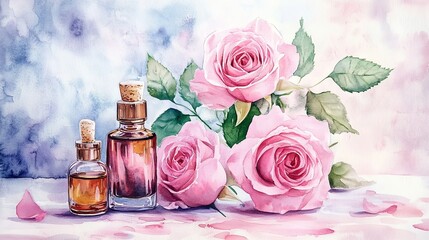 Hand-painted watercolor of pink rose flowers and essential oil, representing spa and aromatherapy