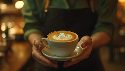 Waiter in black apron stretches a cup of coffee