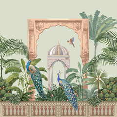Traditional Mughal seamless illustration pattern with garden, peacock, flower plant, tree for print. © MdSayeed