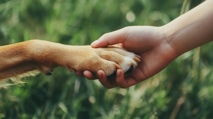 Dog gives a paw to man. Man holding dog paw. Handshake of pet and human. Pet and human friendship and partnership