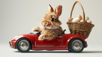 image of a cute bunny driving a toy car with a basket of eggs, capturing the playful spirit of Easter