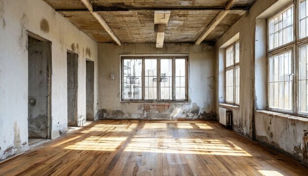 Abandoned room with tall windows, peeling walls, wooden flooring, and natural sunlight.