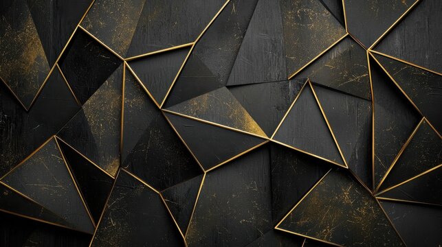 Black and gold geometric abstract background. Minimal dark gray and golden polygon pattern with geometric shapes, lines, stripes, triangles. Modern elegant luxury futuristic design