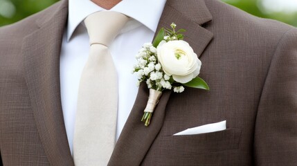 A delicate white ranunculus flower with leaves is elegantly attached to a black tuxedo lapel. This striking accessory enhances the formal attire at a special event