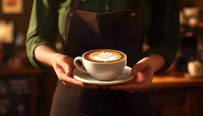 Waiter in black apron stretches a cup of coffee