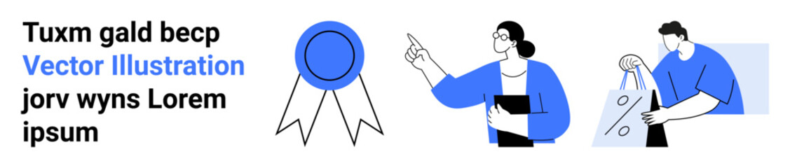 Person holding award ribbon, woman pointing while giving a presentation, man examining growth chart. Ideal for success, achievement, presentations, teamwork, business growth, data analysis goal