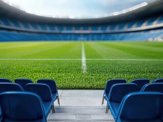 Obraz premium Empty Stadium Seats Overlooking Lush Green Soccer Field Vista