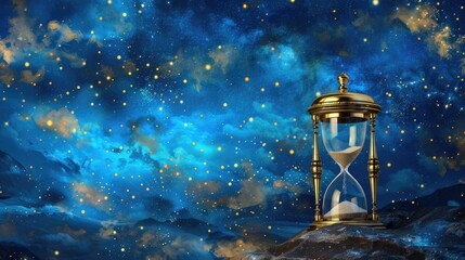 A shimmering hourglass against the starry night sky symbolizes the passage of time.