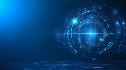 Obraz premium Abstract futuristic blue background featuring glowing digital technology and circuit board design. High-tech circular hologram elements on a dark blue background, perfect for business, innovation, and