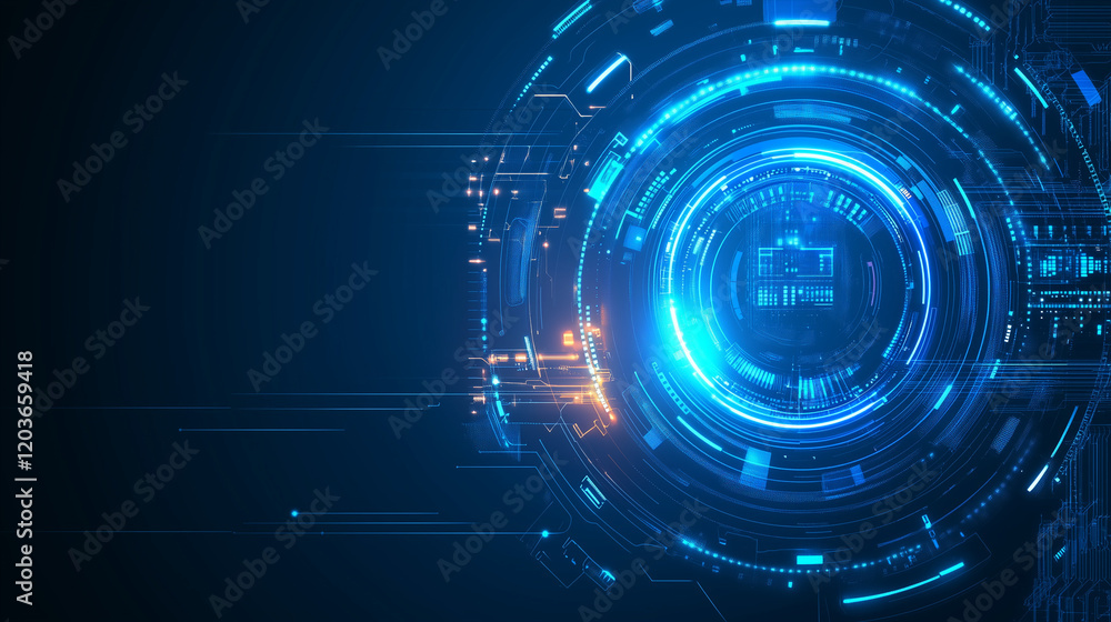 Aufkleber Abstract futuristic blue background featuring glowing digital technology and circuit board design. High-tech circular hologram elements on a dark blue background, perfect for business, innovation, and