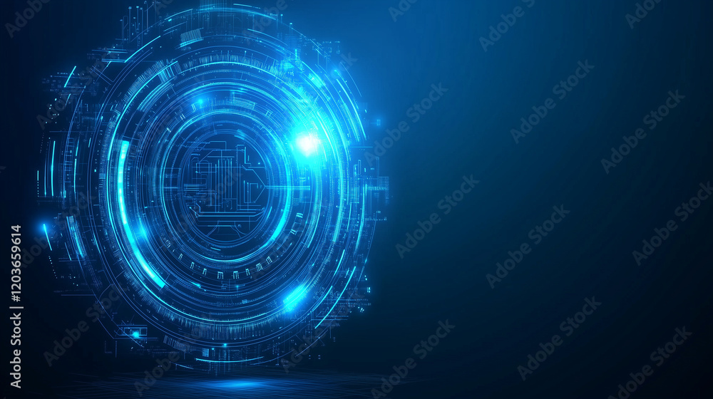 Aufkleber Abstract futuristic blue background featuring glowing digital technology and circuit board design. High-tech circular hologram elements on a dark blue background, perfect for business, innovation, and