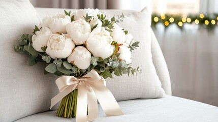A wedding bouquet featuring lush white peonies and fresh greenery is beautifully arranged on the armrests of an elegant chair. Soft natural light creates a romantic atmosphere