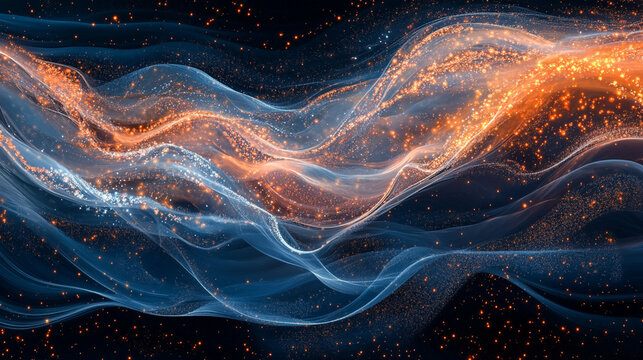 Abstract flowing streams of binary code intertwined with glowing particles