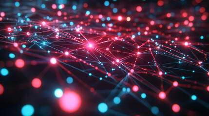 Obraz premium digital network of interconnected nodes with glowing red and blue lights
